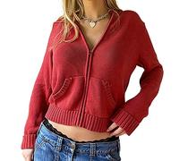 Suéter de manga larga con cremallera y capucha para mujer, manga larga, ajuste delgado, tejido acanalado, con cordón, recortado, cárdigan Y2k, C, L