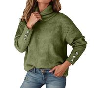 Suéter de manga larga con cuello tipo bufanda de color liso para primavera de 2026 con detalle de botón, suéter de punto para otoño e invierno, blusa casual cálida, Ejercito Verde, 4XL