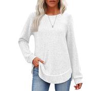 Suéter de manga larga de ajuste holgado para mujer con dobladillo curvado para otoño, camisetas de manga larga para mujer, suéteres de cuello con dobladillo curvo, blanco, S-XXL