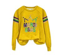 Suéter de manga larga para mujer, con estampado de máscara de letras, sudaderas de día festivo, cuello redondo, camisetas de Mardi Gras, camisetas de carnaval, casual, ajuste holgado, amarillo, 3XL