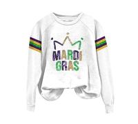 Suéter de manga larga para mujer, con estampado de máscara de letras, sudaderas de día festivo, cuello redondo, camisetas de Mardi Gras, camisetas de carnaval, casual, ajuste holgado, blanco, 4XL