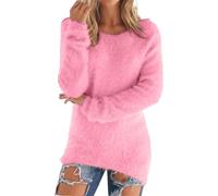 Suéter de manga larga para mujer, de forro polar, de cachemira, ligero, de punto, cuello redondo, suéter de otoño e invierno, color sólido, suave, cálido, a la moda, ajustado, hot pink, 4XL