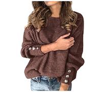 Suéter de moda para mujer, cuello con lazo superior, manga de botones sólidos, suéter casual de punto, cálido y cálido, café, L