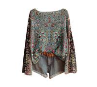Suéter de mujer de gran tamaño vintage estampado floral bohemio suéter de punto chic cuello redondo manga larga sudadera Tops con patrón de túnica Oversize moda ropa casual mujer, azul, XXL