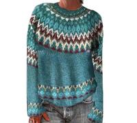 Suéter de mujer noruego invierno cálido elegante suéter sobre punto cuello redondo manga larga sudaderas Tops vintage patrón túnica extragrande casual Básico ropa mujer otoño invierno, azul marino