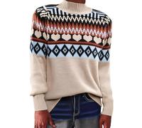 Suéter de mujer noruego invierno cálido elegante y elegante suéter de punto cuello redondo manga larga sudaderas Tops patrón jacquard Tops de gran tamaño casual ropa mujer otoño invierno, caqui, M