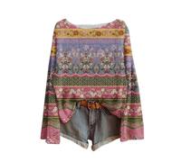Suéter de mujer Vintage Impreso Floral Bohemia Suéter Over De Punto Elegante Y Elegante Cuello Redondo Manga Larga Sudadera Patrón Jacquard Túnica Oversize Suéter Suéter Hold 2025 Mujer Casual, rosa