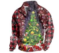 Suéter de Navidad para hombre, suéter de manga larga con 1/4 de botón, estampado 3D, cuello alto, sudadera con estampado de árbol de Navidad, sudadera fea de Navidad, sudadera divertida de Navidad