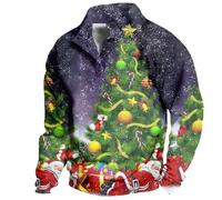 Suéter de Navidad para hombre, suéter de manga larga con 1/4 de botón, estampado 3D, cuello alto, sudadera con estampado de árbol de Navidad, sudadera fea de Navidad, sudadera divertida de Navidad