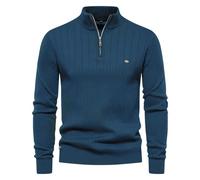 Suéter de punto acanalado cálido para hombre con cremallera de un cuarto de cuello alto falso, suéter tipo polo informal para el trabajo e invierno, azul claro, M