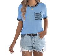 Suéter de Punto acrílico para Mujer, Camisa de Manga Corta, diseño a Rayas, Bolsillo Funcional, Informal, Ajuste Holgado, Top de Punto a Rayas