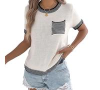 Suéter de Punto acrílico para Mujer, Camisa de Manga Corta, diseño a Rayas, Bolsillo Funcional, Informal, Ajuste Holgado, Top de Punto a Rayas