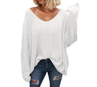 Suéter de Punto con Cuello en V para Mujer, de Ajuste Holgado, de Manga Larga, de Gran tamaño Señora Mujer Blusa de suéter de Camisa longpuli Blusa Longshirt Long Locker Elegante Camiseta