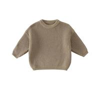 Suéter de punto de algodón para bebé, cálido, con puños acanalados, cuello redondo, suéter de punto suave, acogedor, color sólido, manga larga, para invierno, caqui, 12-18 meses