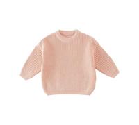 Suéter de punto de algodón para bebé, cálido, con puños acanalados, cuello redondo, suéter de punto suave, acogedor, color sólido, manga larga, para invierno, rosa, 6-12 meses
