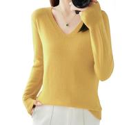 Suéter de Punto de Cachemira de Las Señoras, Cuello en V, Señoras Suéter Casual Suéter de Punto, Color Sólido Suave Suéter de Punto, Suéter Casual de Manga Larga con Cuello en V (Amarillo,L)