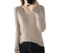 Suéter de Punto de Cachemira de Las Señoras, Cuello en V, Señoras Suéter Casual Suéter de Punto, Color Sólido Suave Suéter de Punto, Suéter Casual de Manga Larga con Cuello en V (Camel,L)