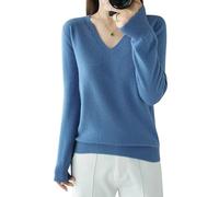 Suéter de Punto de Cachemira de Las Señoras, Cuello en V, Señoras Suéter Casual Suéter de Punto, Color Sólido Suave Suéter de Punto, Suéter Casual de Manga Larga con Cuello en V (Azul,XL)