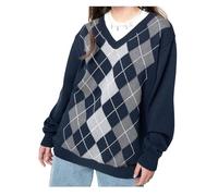 Suéter de punto de gran tamaño a cuadros para mujer, estilo vintage, color marrón, cuello en V, suéter estético, estilo preppy, suéter suelto para primavera y otoño, B-azul oscuro., XL