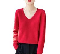 Suéter de punto de lana para mujer, manga larga, cuello en V, holgado, suave, transpirable, Che Li Zi Rojo, XXL