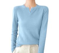 Suéter de punto fino con cuello de muesca para mujer, manga larga, ajuste | Cuello de muesca sutil, sensación de textura acanalada, silueta aerodinámica, básico en capas, jersey elástico diario