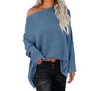 Suéter de punto gofre de un hombro para mujer, color liso, ajuste holgado, manga larga de murciélago, suéter para mujer, base de otoño, moderno, invierno, azul, XXL