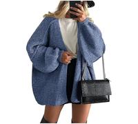Suéter de punto grueso para mujer, de gran tamaño, con frente abierto, manga larga tipo farol, de punto, frente abierto, ligero, abrigo, azul celeste, M