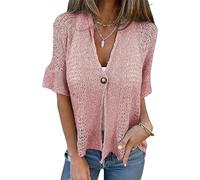 Suéter de punto holgado con cuello en V y un solo botón, ligero, frente abierto, holgado, cárdigan de encaje para mujer, rosa, M