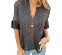 Suéter de punto holgado con cuello en V y un solo botón, ligero, frente abierto, holgado, cárdigan de encaje para mujer, Negro, 3XL