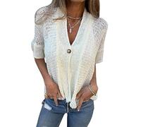 Suéter de punto holgado con cuello en V y un solo botón, ligero, frente abierto, holgado, cárdigan de encaje para mujer, blanco, S