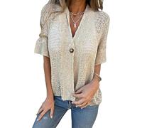 Suéter de punto holgado con cuello en V y un solo botón, ligero, frente abierto, holgado, cárdigan de encaje para mujer, albaricoque, L