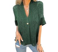 Suéter de punto holgado con cuello en V y un solo botón, ligero, frente abierto, holgado, cárdigan de encaje para mujer, verde, S