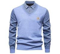Suéter de punto para hombre falso suéter de dos piezas suéter y suéter de rayas finas cálido suéter de invierno corte regular cárdigan de otoño e invierno suéter de puente, azul, L