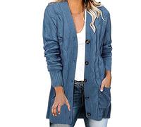 Suéter de punto trenzado de manga larga para mujer, cárdigan abierto al frente, con botones, ropa de abrigo suelta, azul, XXL