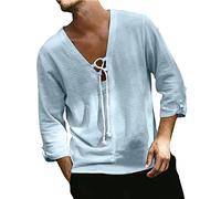 Suéter de verano para hombre, estilo informal, con cuello en V, cuello en V, manga con cordón, azul claro, XL