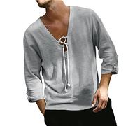 Suéter de verano para hombre, estilo informal, con cuello en V, cuello en V, manga con cordón, gris, XL