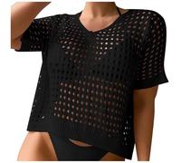 Suéter de verano para hombre y mujer, cuello en V, manga corta, con botones, casual, de ganchillo, hueco, para playa, ajuste regular, elegante e informal, Negro, L