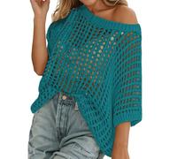 Suéter de Verano para Mujer, Cuello Redondo Manga Corta, Informal de Punto Ganchillo, Blusa como Cover Up de Playa y Bikini