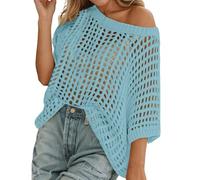 Suéter de Verano para Mujer, Cuello Redondo Manga Corta, Informal de Punto Ganchillo, Blusa como Cover Up de Playa y Bikini