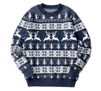 Suéter europeo de Navidad 2026 con cuello redondo, estilo otoño/invierno, ajuste holgado, tejido jacquard, azul marino, S