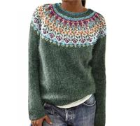 Suéter Fair Island for Mujer, Jersey de Punto a Rayas de Gran tamaño, Jersey Informal de Cuello Redondo Suave for Navidad e Invierno(Green Floral,Large)