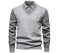 Suéter falso de dos piezas con cuello de camisa para hombre Slim Fit Vintage Estilo retro Simple Casual Elegante Punto Cómodo Trabajo Jersey Top Streetwear Basic Cómodo Chaqueta Suave, gris, XXXXL