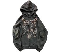 Suéter gótico con capucha con estampado de hueso, suéter con capucha Y2K, suéter con capucha Grunge, suéter con capucha Harajuku, Gris, Medium