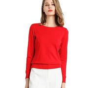 Suéter Holgado de Manga Larga con Cuello Redondo para Mujer, Camisa de Parte Inferior de Punto de Color sólido (Red, M)