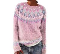 Suéter Irlandés Mujer Invierno Cálido Elegante Y Elegante Jersey De Punto Cuello Redondo De Manga Larga Sudadera Patrón Jacquard Tops Oversize Elástico Casual Ropa Mujer Otoño Invierno, 1 rosa, XL