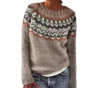 Suéter Irlandés Mujer Invierno Cálido Elegante Y Elegante Jersey De Punto Cuello Redondo De Manga Larga Sudadera Patrón Jacquard Tops Oversize Elástico Casual Ropa Mujer Otoño Invierno, 3 khaki