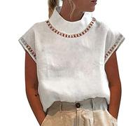 Suéter liso de cuello de verano para mujer, encaje, delgado, sin mangas, manga corta, cuello, camisa, camisa, chaleco, camisas coloridas para mujer, neón, Blanco, XL