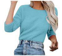 Suéter mujer elegante suéter cuello alto/cuello redondo tallas grandes camisetas básicas ligero suéteres jersey elástico Sweater Casual con ajuste Top Curvy Camiseta cómoda Otoño Invierno, turquesa, M