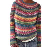 Suéter Mujer Noruego Invierno Cálido Chic Suéter Over Punto Cuello Redondo Manga Larga Sudadera Vintage Patrón Tops Oversize Amplio Cómodo Ropa Mujer Otoño-Invierno, rosa brillante, S