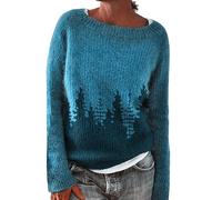 Suéter Mujer Noruego Invierno Cálido Elegante Y Elegante Jersey De Punto Cuello Redondo De Manga Larga Sudaderas Patrón Jacquard Tops Oversize Elástico De Gran Tamaño Ropa Mujer Otoño-Invierno, 2-azul